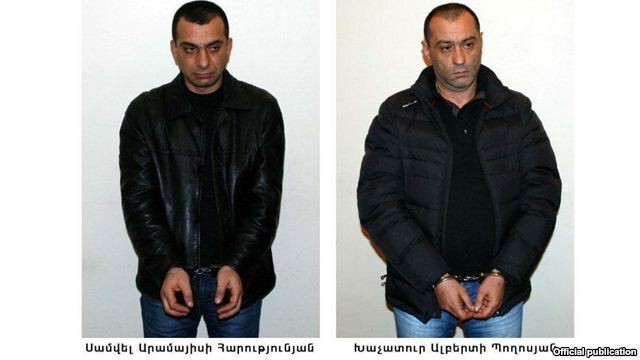 Armenia - The two men arrested on suspicion of shooting the presidential candidate Paruyr Hayrikian, Yerevan, 08Feb2013.