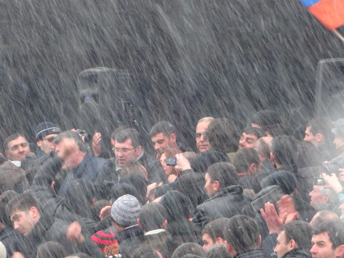 Armenia - Opposition leader Raffi Hovannisian is greeted by supporters in Gyumri's Theatre Square, 23Feb2013 | via Tzitzernak