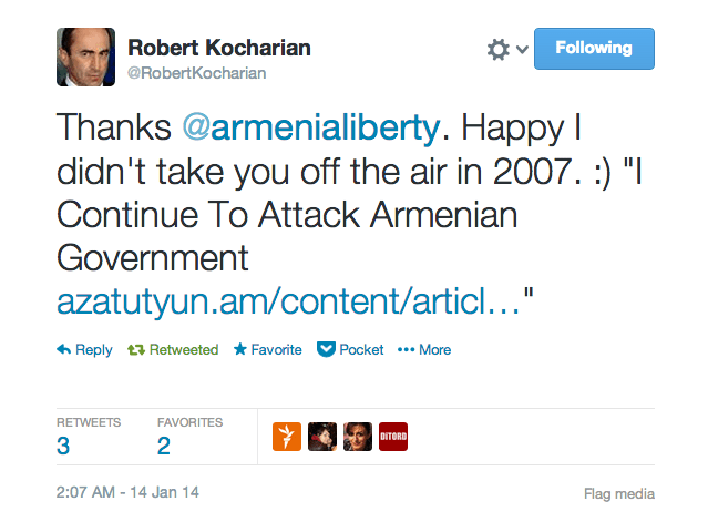 Armenia -- Screenshot of the funny twit by Twitter user Robert Kocharian, Yerevan, 14Jan2014