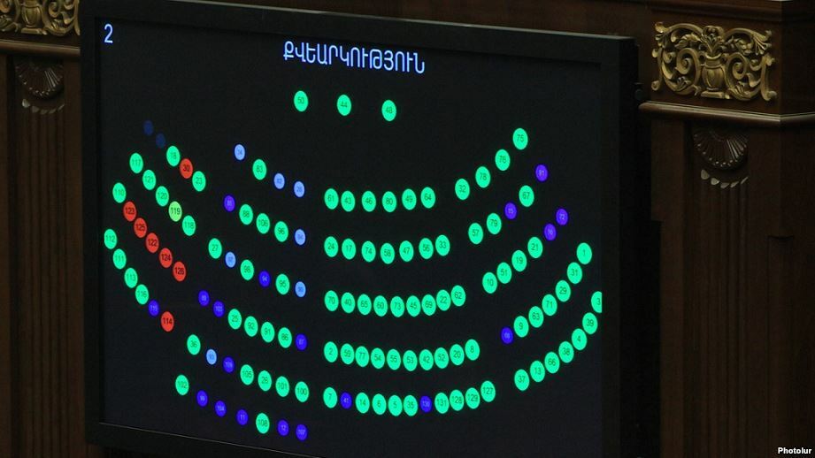 Armenia - The results of Armenian parliament vote on the ratification of an accession treaty with the Eurasian Economic Union shown on a screen, Yerevan, 4Dec2014.