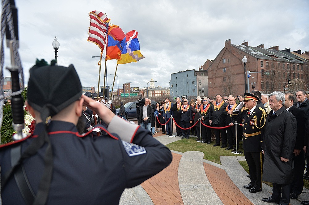 USA -- US, Armenian and Karabakh flags waving proudly in the Armenian Heritage Park in Boston during Armenian President Serzh Sargsyan's working visit, 29Mar2016