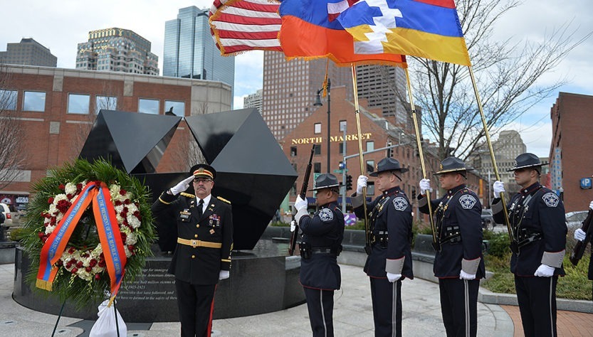 US, Armenian and Karabakh flags waving proudly in the Armenian Heritage Park in Boston