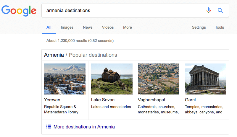 Armenian destinations search on Google